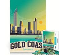 Puzzle de 1000 pièces Affiche de Voyage Gold Coast Pièces aux découpes nettes Jeu de réflexion Moment de Calme et de Divertissement Œuvre d'art de Noël (50x75cm)