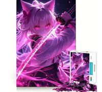Puzzle de 1000 pièces Anime Chat Fille Katana Néon pour Adultes Jeu de Réflexion Assemblage Parfait sans Espaces Activité de Détente Mentale Calme (38x26cm)