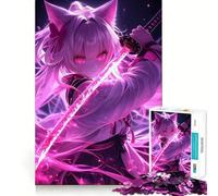 Puzzle de 1000 pièces Anime Chat Fille Néon Katana,Jeu Cognitif Amusant,Découpe de Haute Précision,Cadeau Unique Anti-Stress (38x52cm)