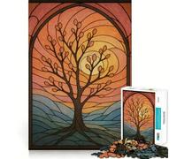 Puzzle de 1000 pièces Arbre au Coucher du Soleil en vitrail pour Adolescents, Jeu de logique Robuste, Anti-Stress, Bords Transparents, Cadeau Classique 38x52cm