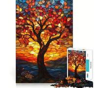 Puzzle de 1000 pièces Arbre au Coucher du Soleil en vitrail pour Adultes, Jeu de logique mentale, Doux et Relaxant, découpe Ferme, liste de souhaits du Père Noël 38x52cm
