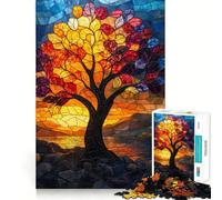Puzzle de 1000 pièces Arbre au Coucher du Soleil en vitrail pour Adultes, Jeu de logique Solide, Jeu de Groupe, Bords Nets, 38x52cm