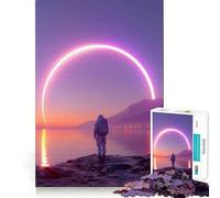 Puzzle de 1000 pièces Astronaute et Anneau néon au Coucher du Soleil,Casse-tête logique aux Bords Fins,Jeu de Loisirs,Cadeau d'anniversaire Amusant (38x26cm)