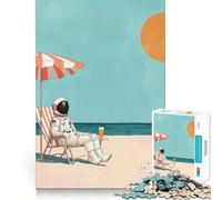 Puzzle de 1000 pièces Astronaute Plage Milieu du siècle Jeu d'assemblage Propre Casse-tête Détente Cadeau d'anniversaire Amusant (38x26cm)