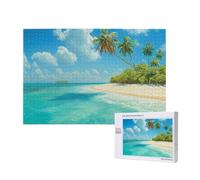 Puzzle de 1000 pièces avec boîte de rangement, île avec plage de sable et palmier imprimé en bois 75 x 50 cm pour adultes et enfants, jeu décoratif amusant en famille