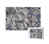 Puzzle de 1000 pièces avec boîte de rangement, libellules en bois gris imprimé 75 x 50 cm pour adultes et enfants, jeu décoratif amusant en famille