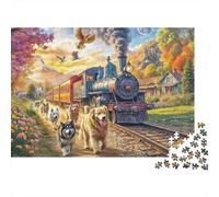 Puzzle de 1000 pièces « Aventure en Train» en Carton 100% recyclé, Un Train à Vapeur avec des Chiens en Mouvement. Idéal pour Les Adultes. Décoration Unique et Magnifique. Dimensions : 38 x 26 cm.