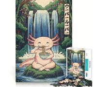 Puzzle de 1000 pièces Axolotl Mangeant des Ramen près d'une Cascade Découpe précise Jeu Stimulant pour Le Cerveau Loisirs Amusants Décoration de Noël Cadeau (38x26cm)