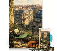 Puzzle de 1000 pièces Balcon Parisien avec Machine à écrire et café pour Adultes Jeu de logique et de détente Design Amusant pour Les vœux du Père Noël (50x75cm)