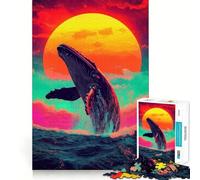 Puzzle de 1000 pièces Baleine sautant au Coucher du Soleil Entraînement cérébral Amusant Découpe Nette Composants Robustes Loisirs captivants pour des Moments de détente à la Maison (38x26cm)