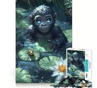 Puzzle de 1000 pièces Bébé Gorille dans Un étang Découpe précise Art Casse-tête Cadeau Loisirs Décoration Murale de Noël (38x26cm)