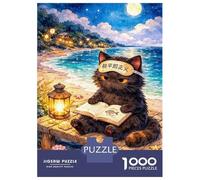 Puzzle De 1000 Pièces Black Cat Reading on A Beach at Night Puzzle pour Adolescents Course De Vitesse Manuelle Liste De Souhaits avec Le Père Noël Jouets Jeux Éducatifs 70x50cm/1000pcs