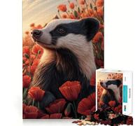 Puzzle de 1000 pièces Blaireau dans Un Champ de Coquelicots Découpe précise Jeu Stimulant pour Le Cerveau Loisirs Amusants Décoration de Noël Cadeau (38x26cm)