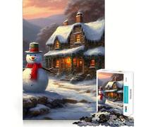 Puzzle de 1000 pièces Bonhomme de Neige et Chalet, scène d'hiver, idéal pour Les Adolescents, renforce Les Liens familiaux, Bords précis, Cadeau attentionné (38x52cm)