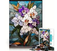Puzzle de 1000 pièces Bouquet d'orchidées en vitrail pour Adolescents, Jeu de réflexion et de Partage, Bords précis, Cadeau du Père Noël 38x26cm