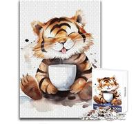 Puzzle de 1000 pièces Café et Tigre Mignon pour Adolescents:Un Jeu ludique et éducatif, idéal comme Cadeau de Noël ou d'anniversaire Dimensions:38x52cm