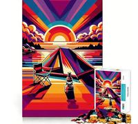 Puzzle de 1000 pièces Camping Coucher de Soleil WPAP Popart Bords Lisses Jeu de Concentration Amusant Moment de détente Jeu d'anniversaire Cadeau (50x75cm)