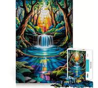 Puzzle de 1000 pièces Cascade en vitrail Un Chemin Lumineux à Travers la forêt enchantée 50x75cm pour Adolescents, Jeu de réflexion et Anti-anxiété, Cadeau élégant et de qualité supérieure
