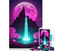Puzzle de 1000 pièces Cascade néon sous Lune Rose pour Adultes Un Jeu d'entraînement cérébral Relaxant et Amusant, Une œuvre d'art à Assembler (38x26cm)