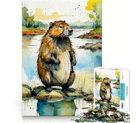Puzzle de 1000 pièces Castor à l'aquarelle au Bord de la rivière Un Jeu Amusant et Facile à mémoriser,sans bavures,aux pièces nettes et découpées,Portable et idéal pour Les Voyages (38x52cm)