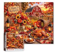 Puzzle de 1000 pièces célébrant la fête de la moisson de Thanksgiving avec une ferme, une dinde rôtie, une citrouille, des cors de réserve et une grange rouge - puzzle d'automne pour adultes