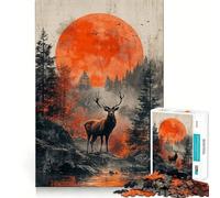 Puzzle de 1000 pièces Cerf dans la forêt avec Lune Rouge pour Adultes, défi cérébral, Jeu de Groupe, découpe Nette, Joli Cadeau 50x75cm