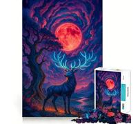 Puzzle de 1000 pièces Cerf Mystique sous Une Lune Rouge pour Adolescents, idéal pour stimuler la mémoire, se détendre et s'amuser Un Cadeau Exquis (50x75cm)