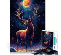 Puzzle de 1000 pièces Cerf sous Un Ciel Clair de Lune pour Adultes et Adolescents, Jeu de réflexion apaisant, Cadeau de Noël 38x26cm