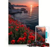 Puzzle de 1000 pièces Champ de Coquelicots, Coucher de Soleil sur la mer pour Adolescents, Jeu de logique et de Train, Anti-Stress, découpe Lisse, Cadeau mémorable (38x52cm)