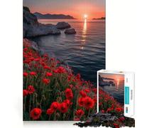 Puzzle de 1000 pièces Champ de Coquelicots, Coucher de Soleil sur la mer pour Adultes Smart Reason Toy Home Enjoy Sharp Edge Article de Noël (50x75cm)