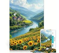Puzzle de 1000 pièces Champ de tournesols au Bord de la rivière et du Village pour Adolescents, Jeu de réflexion Intelligent, Divertissement paisible, découpe précise, Cadeau de Noël 38x26cm