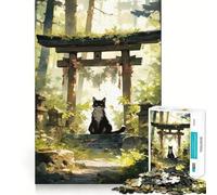 Puzzle de 1000 pièces Chat à la Porte Torii dans la forêt Bords Lisses Jeu de Concentration Amusant et Relaxant Cadeau d'anniversaire (38x52cm)