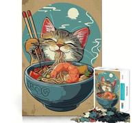 Puzzle de 1000 pièces Chat Anime et Bol de Ramen pour Adultes Jeu de mémoire,Assemblage précis,sans espaces,activité apaisante pour se détendre (38x52cm)