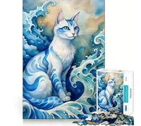 Puzzle de 1000 pièces Chat Aquarelle avec Vagues pour Adolescents Jeu de mémoire Amusant Emboîtement précis sans espaces Activité Amusante en Famille Le Soir (38x26cm)