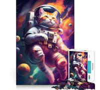 Puzzle de 1000 pièces Chat Astronaute dans l'espace Bords Lisses Jeu de Concentration Amusant et Relaxant Cadeau d'anniversaire (38x52cm)