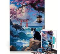 Puzzle de 1000 pièces Chat au Bord de la mer avec Porte Torii,Assemblage Parfait,Art,Jeu Stimulant pour Le Cerveau,Temps de Repos,décoration Murale de Noël (38x26cm)