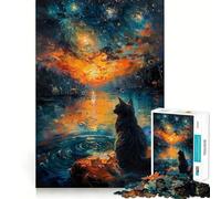 Puzzle de 1000 pièces Chat au Coucher du Soleil sous Un Ciel étoilé, idéal pour Les Adolescents stimule la mémoire, réduit Le Stress, découpe de qualité supérieure, Cadeau précieux 50x75cm