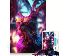 Puzzle de 1000 pièces Chat aux Lunettes de Soleil néon, idéal pour Les Adolescents, Jeu de réflexion, activité à la Maison, Bords précis, liste de souhaits du Père Noël (38x26cm)