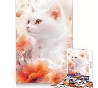 Puzzle de 1000 pièces Chat Blanc à l'aquarelle Florale pour Adolescents Exercice cognitif, détente et Loisirs Idéal comme Cadeau d'hiver (38x26cm)