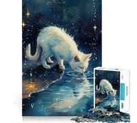 Puzzle de 1000 pièces Chat Blanc Buvant de l'eau la Nuit Jeu de Concentration mentale Découpe de précision Bords Lisses Activité captivante pour des Nuits paisibles (50x75cm)