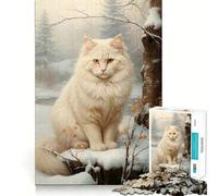 Puzzle de 1000 pièces Chat Blanc dans la Neige pour Adultes,Jeu de réflexion,découpe Laser pour Un Assemblage Parfait,activité enrichissante pour Les Jours de Pluie (38x52cm)