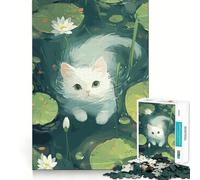 Puzzle de 1000 pièces Chat Blanc dans Un étang de nénuphars pour Adultes,illustrant Un Chat Blanc dans Un Bassin de nénuphars Jeu de mémoire et,découpé au Laser pour Un Assemblage Cadeau Unique