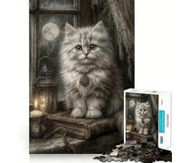 Puzzle de 1000 pièces Chat Blanc Mystique et Pleine Lune pour Adolescents, idéal pour renforcer la mémoire, Loisirs à la Maison, Bords Nets, Cadeau précieux (38x52cm)