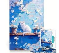 Puzzle de 1000 pièces Chat Blanc sur Mur Bleu pour Adolescents,défi intellectuel Amusant,Taille Uniforme,pièces précises,activité relaxante en Groupe à l'intérieur (38x26cm)