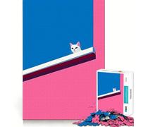Puzzle de 1000 pièces Chat Blanc sur Mur Rose et Bleu »,Jeu de Concentration mentale sans Espace,Design ajusté,défi cérébral interactif pour la Maison (38x26cm)