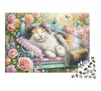 Puzzle de 1000 pièces « Chat Calico sur Coussin Rose » (52 x 38 cm) - Jeu éducatif pour Adultes - Décoration élégante - Défi - Niveau de difficulté élevé - Idéal pour Un Anniversaire