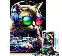 Puzzle de 1000 pièces Chat Casque DJ Musique Bords Lisses Jeu de Concentration Amusant Temps de Jeu Confortable Cadeau d'anniversaire (50x75cm)