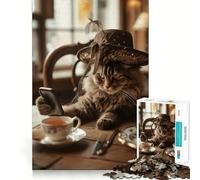 Puzzle de 1000 pièces « Chat chapeauté avec Smartphone » Bords Lisses Jeu de Concentration Amusant Idée Cadeau d'anniversaire (38x52cm)