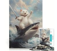 Puzzle de 1000 pièces Chat chevauchant Un Requin Découpe précise Puzzle logique Artistique Jeu de Loisirs Amusant Décoration Murale de Noël (38x52cm)