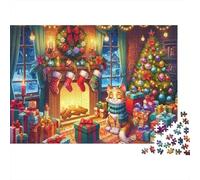 Puzzle de 1000 pièces « Chat de Noël et cheminée » par Cozy Fireplace, Jeu éducatif pour Adultes, décoration intérieure, défi, Niveau de difficulté élevé, Anniversaire, 52 x 38 cm